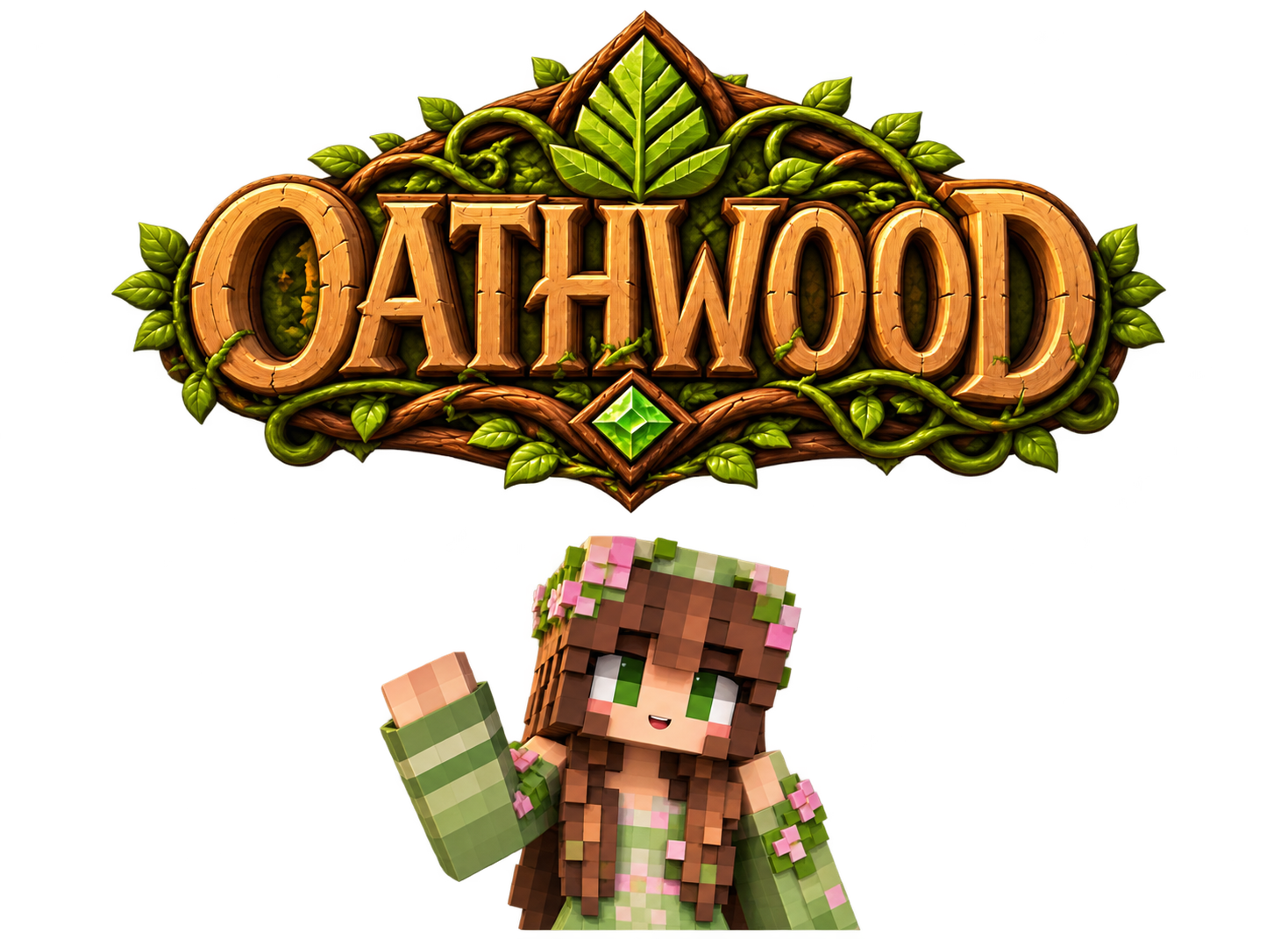 Oathwood’s flower-crowned mascot waving hello